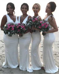 Long Mermaid V Neck White Bridesmaid Dress - MyChicDress