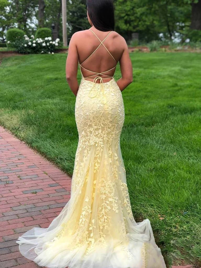 Long Mermaid Yellow Prom Dresses Lace Evening Dress Spaghetti Straps MyChicDress