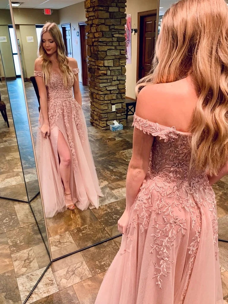 Long Pink Lace Prom Dresses Off the Shoulder Formal Evening Dresses MyChicDress