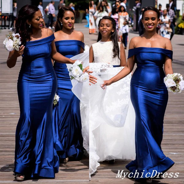 Long Satin Mermaid Bridesmaid Dresses Royal Blue Wedding Guest Dress Off Shoulder MyChicDress