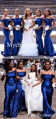 Long Satin Mermaid Bridesmaid Dresses Royal Blue Wedding Guest Dress Off Shoulder MyChicDress