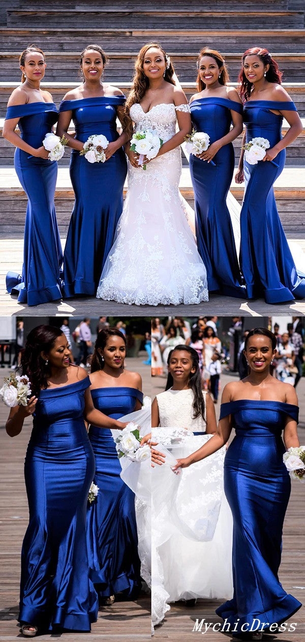 Long Satin Mermaid Bridesmaid Dresses Royal Blue Wedding Guest Dress Off Shoulder MyChicDress