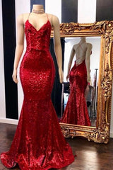 Long Sequin Red Prom Dresses Mermaid Sleeveless Evening Gown MyChicDress