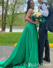 Long Simple Satin Silk Prom Dresses Green Evening Dress with Split MyChicDress