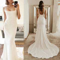 Long Simple Square Satin Ivory Wedding Dresses UK Mermaid MyChicDress