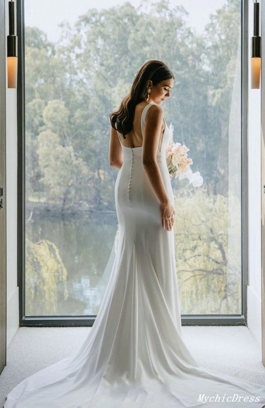 Long Simple Square Satin Ivory Wedding Dresses UK Mermaid MyChicDress