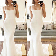 Long Simple Square Satin Ivory Wedding Dresses UK Mermaid MyChicDress