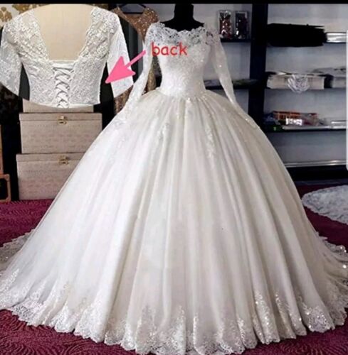 Long Sleeve Ball Gown Muslim Wedding Dress UK Beaded Lace Bridal Wear MyChicDress