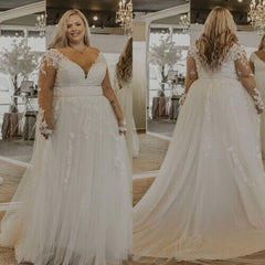 Long Sleeve Lace Plus Size Wedding Dresses UK A Line V Neck Bridal Gown MyChicDress