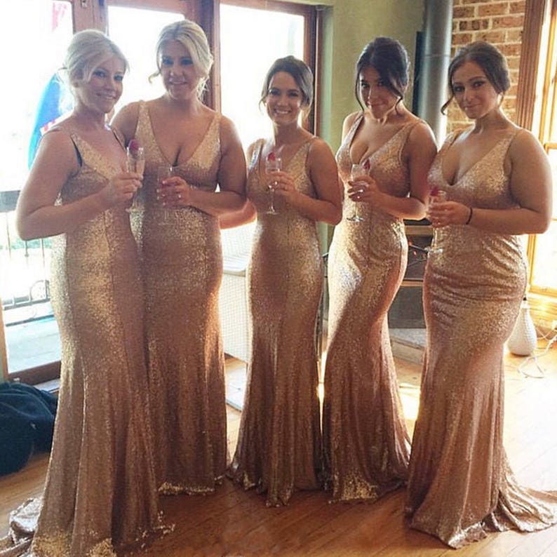 Long Sleeveless V Neck Sequin Rose Gold Bridesmaid Dresses with Train MyChicDress