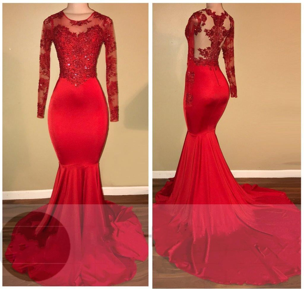 Long-Sleeves Appliques Red Mermaid Prom Dresses 2024 - MyChicDress