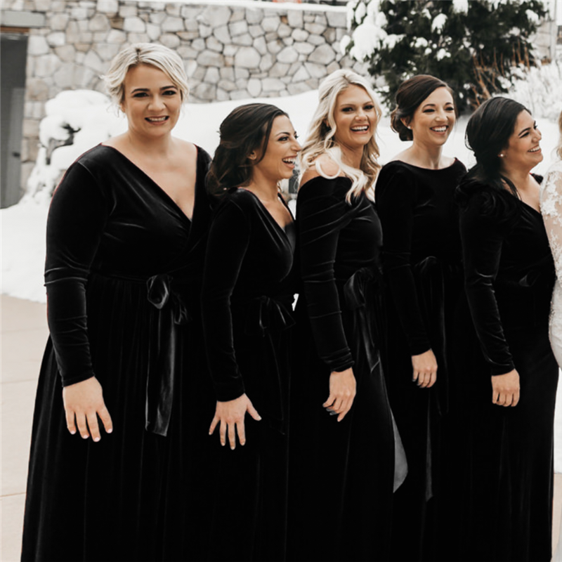 Long Sleeves Black Velvet Bridesmaid Dresses Winter Floor Length MyChicDress