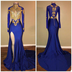 Long Sleeves Blue Gold Prom Dresses 2024 Side Slit Evening Gowns - MyChicDress