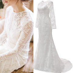 Long Sleeves Boho Beach Wedding Dresses Jewel Lace Bridal Wears MyChicDress