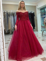 Long Sleeves Burgundy Prom Dresses Lace Off Shoulder Tulle Formal Evening Dresses MyChicDress