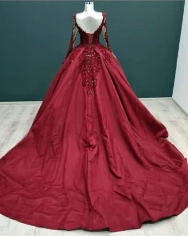 Long Sleeves Burgundy Satin Quince Dresses Plus Size Lace Appliques Bridal Gown MyChicDress