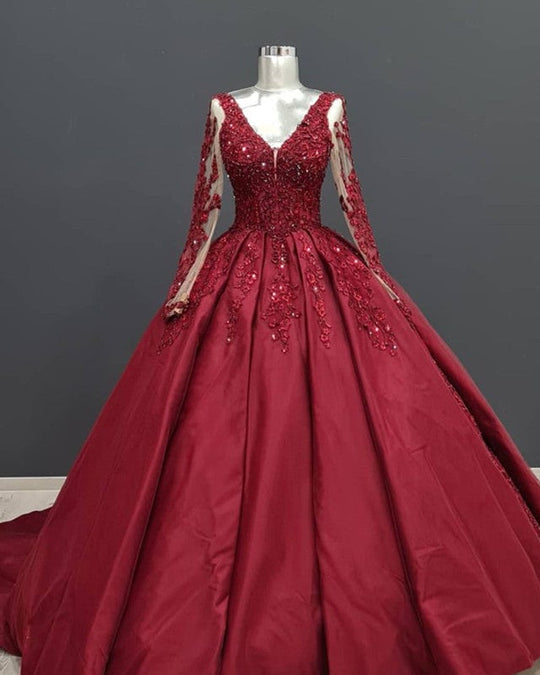 Long Sleeves Burgundy Satin Quince Dresses Plus Size Lace Appliques Bridal Gown MyChicDress