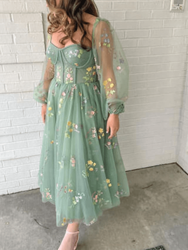 Long Sleeves Light Green Embroidered Tulle Prom Dress Corset MyChicDress