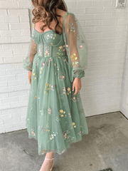 Long Sleeves Light Green Embroidered Tulle Prom Dress Corset MyChicDress