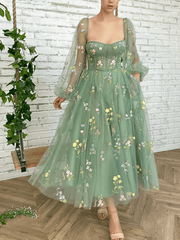 Long Sleeves Light Green Embroidered Tulle Prom Dress Corset MyChicDress