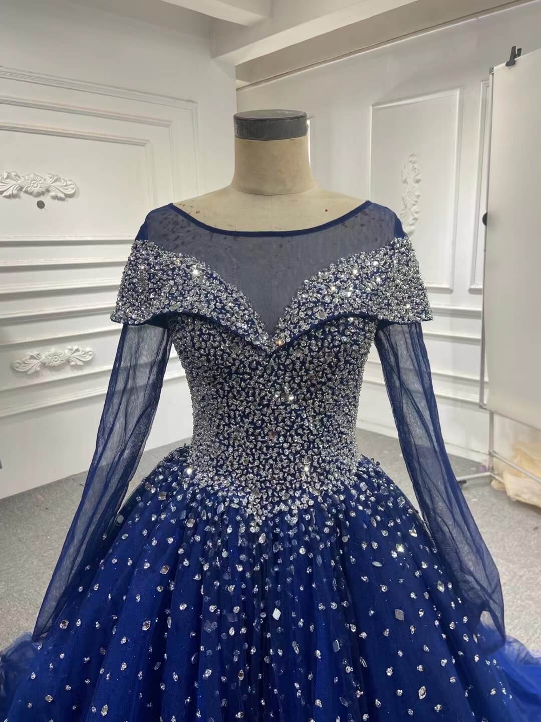 Long Sleeves Navy Blue Wedding Dresses Crystals Sequined Ball Gown Quince Dresses MyChicDress