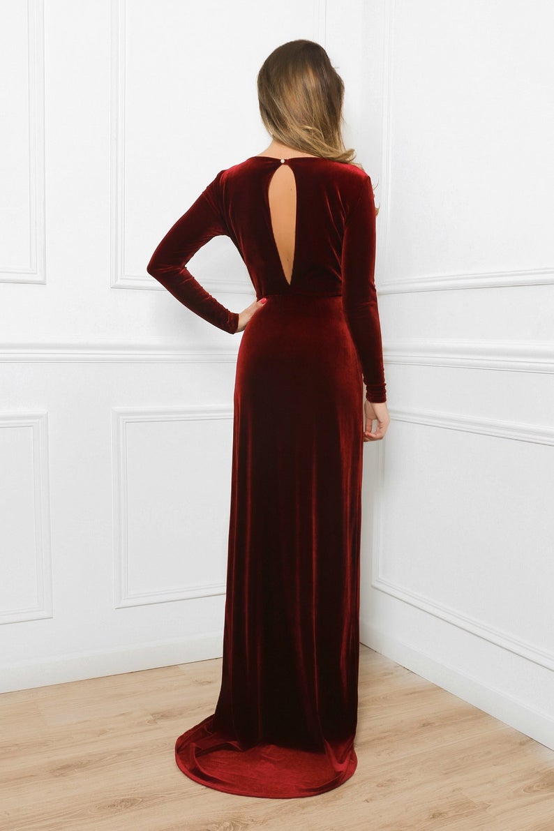 Long Sleeves V neck Brugundy Velvet Bridesmaid Dressess - MyChicDress