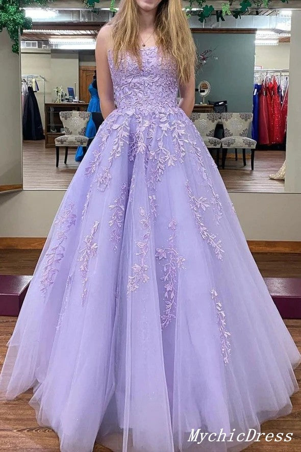 Long Strapless Lace Prom Dresses Purple Floor Length Evening Dress MyChicDress