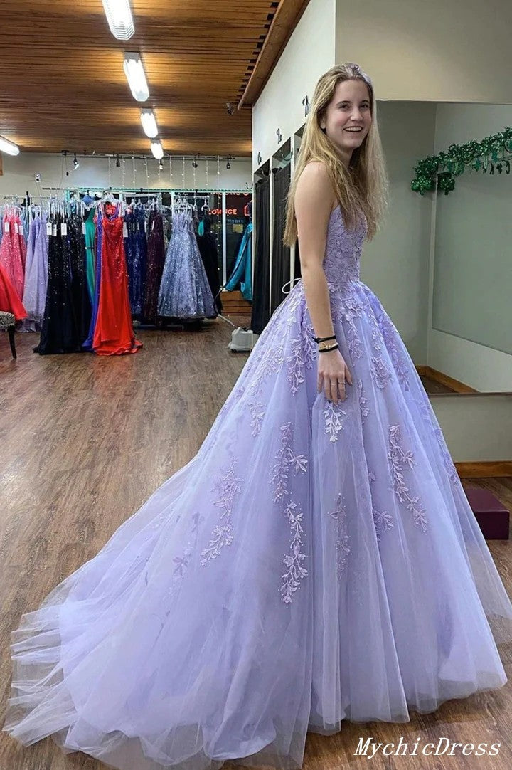 Long Strapless Lace Prom Dresses Purple Floor Length Evening Dress MyChicDress