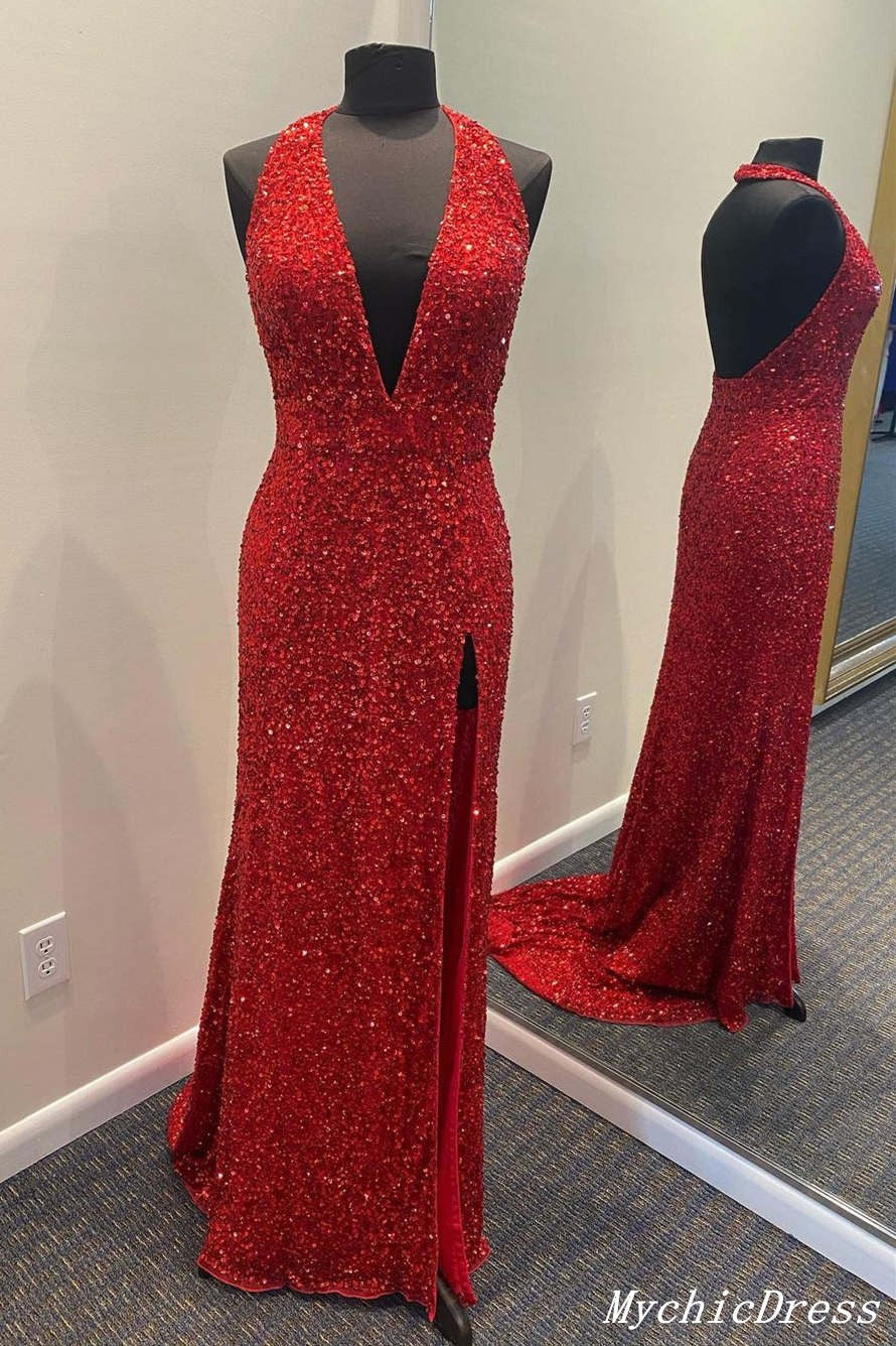 Long V Neck Halter Sequin Prom Dresses 2025 Red Evening Gown with Split MyChicDress