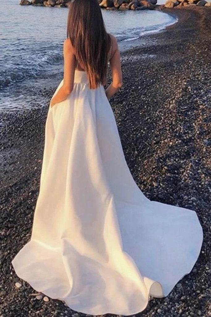 Long White Prom Dress V Neck Long Formal Maxi Dress Open Back with High Slit MyChicDress