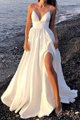 Long White Prom Dress V Neck Long Formal Maxi Dress Open Back with High Slit MyChicDress