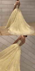 Long Yellow Evening Dresses Lace A Line Sleeveless Prom Dresses MyChicDress