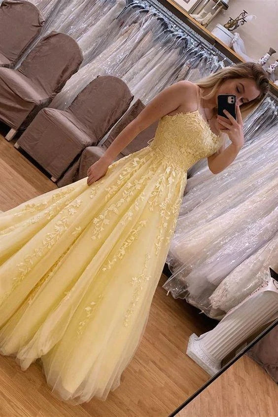 Long Yellow Evening Dresses Lace A Line Sleeveless Prom Dresses MyChicDress