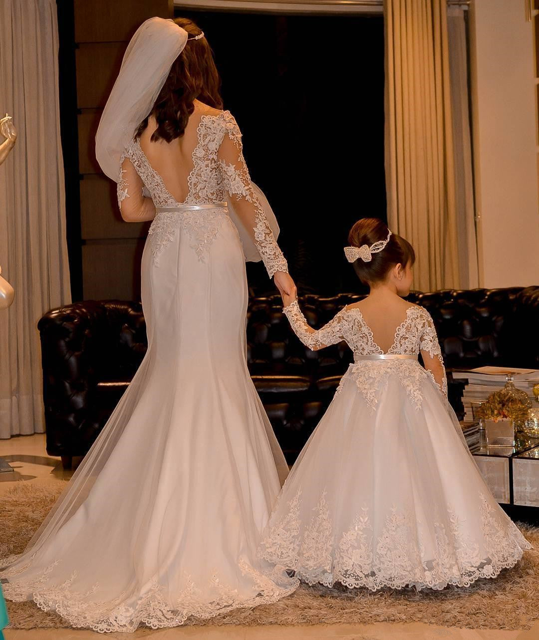 Lovely Long Sleeves Off Shoulder White Lace Flower Girl Dresses - MyChicDress