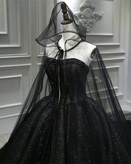 Luxury Ball Gown Sequin Black Wedding Dresses Gothic With Cape Veil MyChicDress