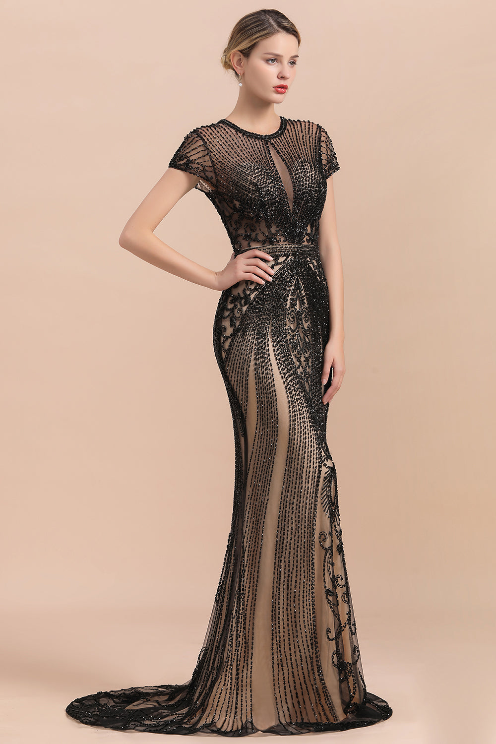 Luxury Black Short Sleeves Prom Dresses Beaded Mermaid MyChicDress