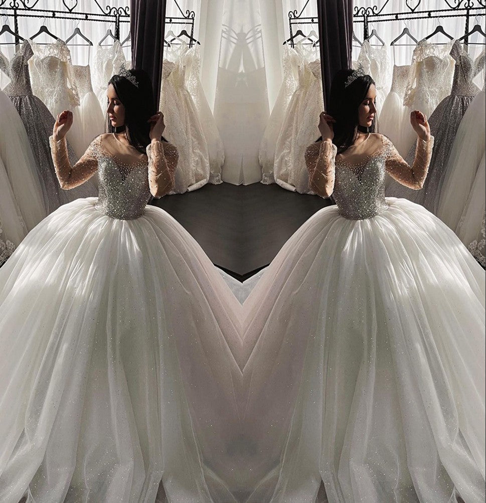 Luxury Sequin Crystals Ball Gown Wedding Dresses Long Sleeves Bridal Wear MyChicDress