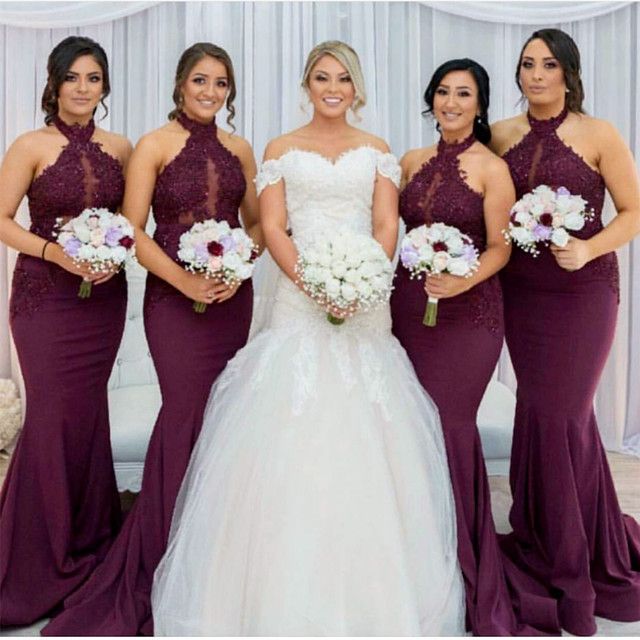 Maroon Halter Bridesmaid Dresses Mermaid Sleeveless Wedding Party Dress - MyChicDress