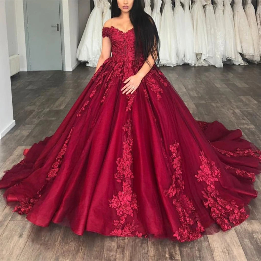 Maroon Quinceanera Dresses Lace Appliques Off The Shoulder Ball Gowns MyChicDress