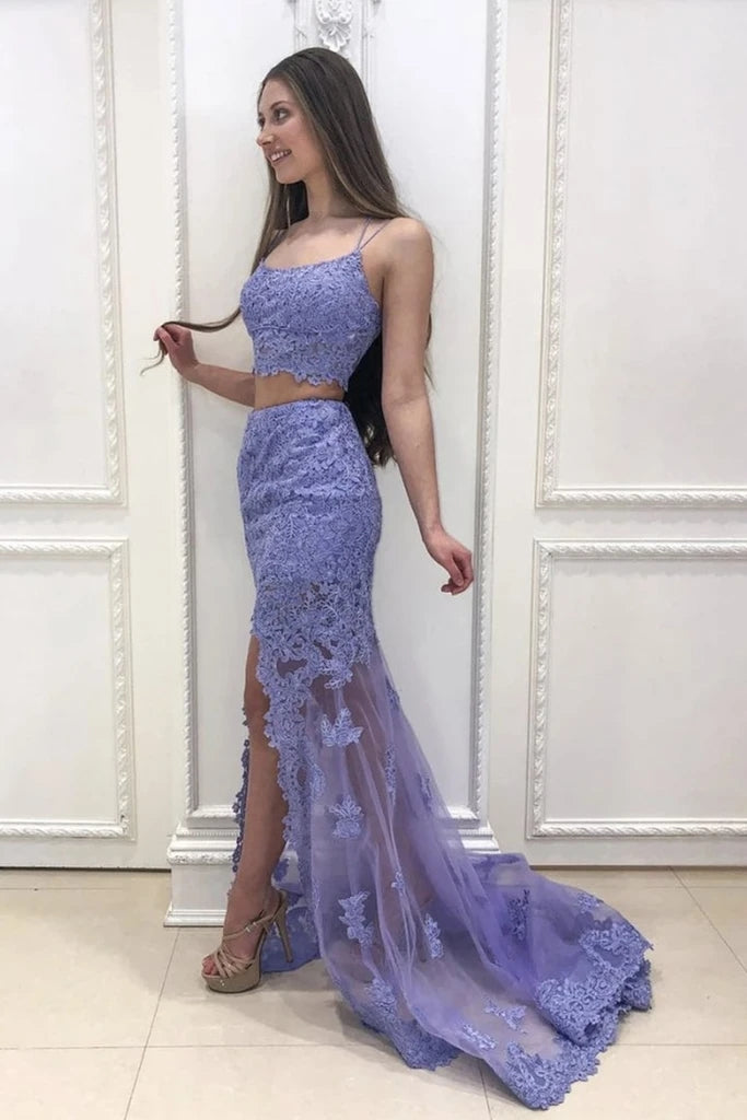 Mermaid 2 Piece Prom Dresses Lace Long Evenig Dresses with Split MyChicDress