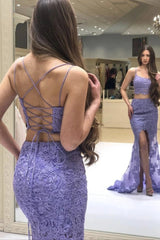 Mermaid 2 Piece Prom Dresses Lace Long Evenig Dresses with Split MyChicDress