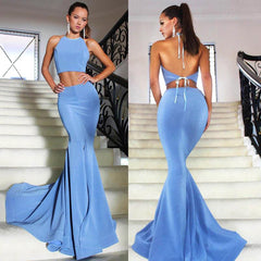 Mermaid Backless Pink Two Piece Prom Dresses Long Formal Gowns - MyChicDress