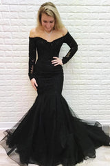 Mermaid Beaded Prom Dresses Black Lace Long Sleeves Formal Dress Off Shoulder MyChicDress