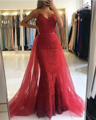 Mermaid Lace Red Prom Dresses Spaghetti Straps with Detachable Train MyChicDress