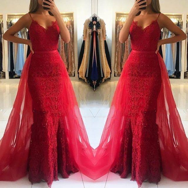 Mermaid Lace Red Prom Dresses Spaghetti Straps with Detachable Train MyChicDress