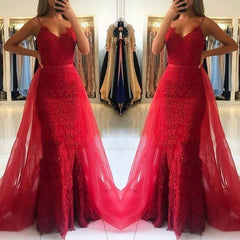 Mermaid Lace Red Prom Dresses Spaghetti Straps with Detachable Train MyChicDress