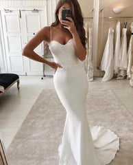 Mermaid Lace Satin Ivory Wedding Dresses Sleeveless MyChicDress