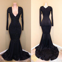 Mermaid Lace Sequins V Neck Long Sleeveless Black Prom Dresses MyChicDress