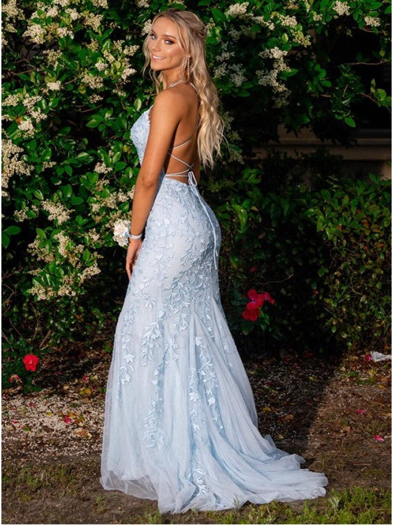 Mermaid Long Lace Light Blue Prom Dresses Spaghetti Straps MyChicDress