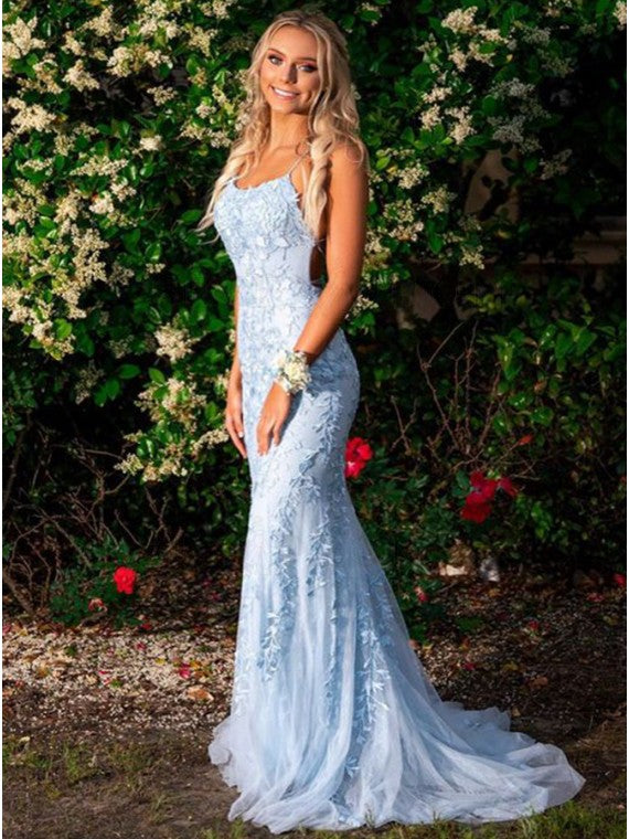 Mermaid Long Lace Light Blue Prom Dresses Spaghetti Straps MyChicDress